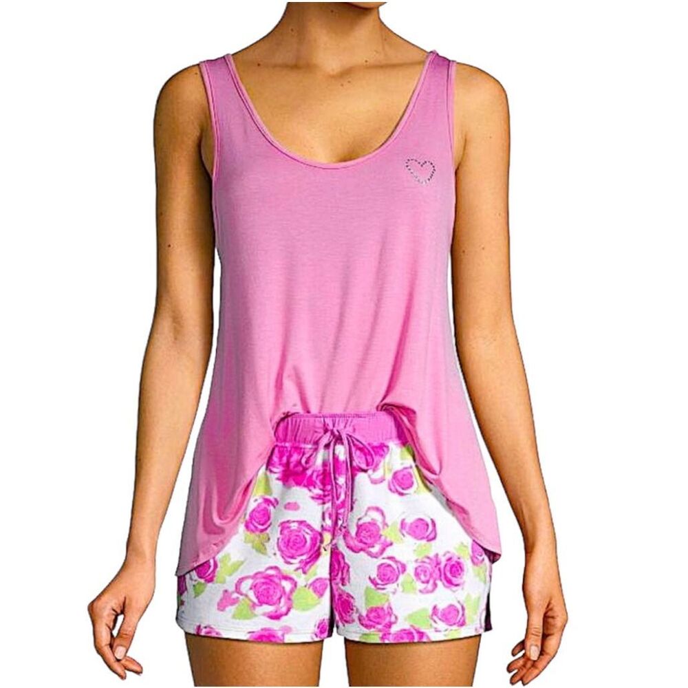 BETSEY JOHNSON Pajama Set Rose Print Shorts & Pink Tank Top Size S •NEW WITH TAG